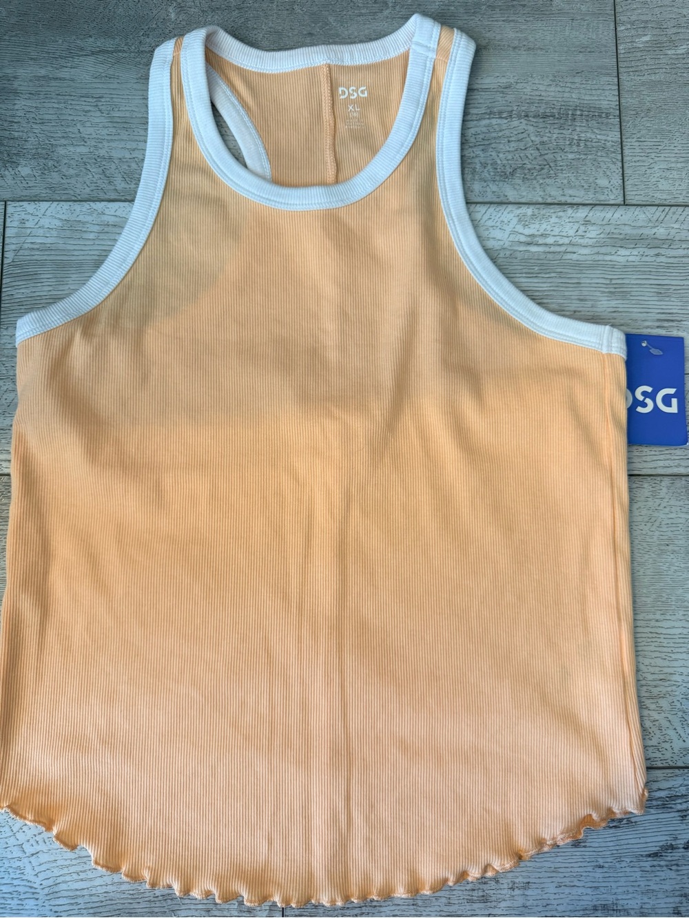 DSG Girls XL 16 Peach Ribbed Racerback Tank Top White Trim Lettuce Hem NWT